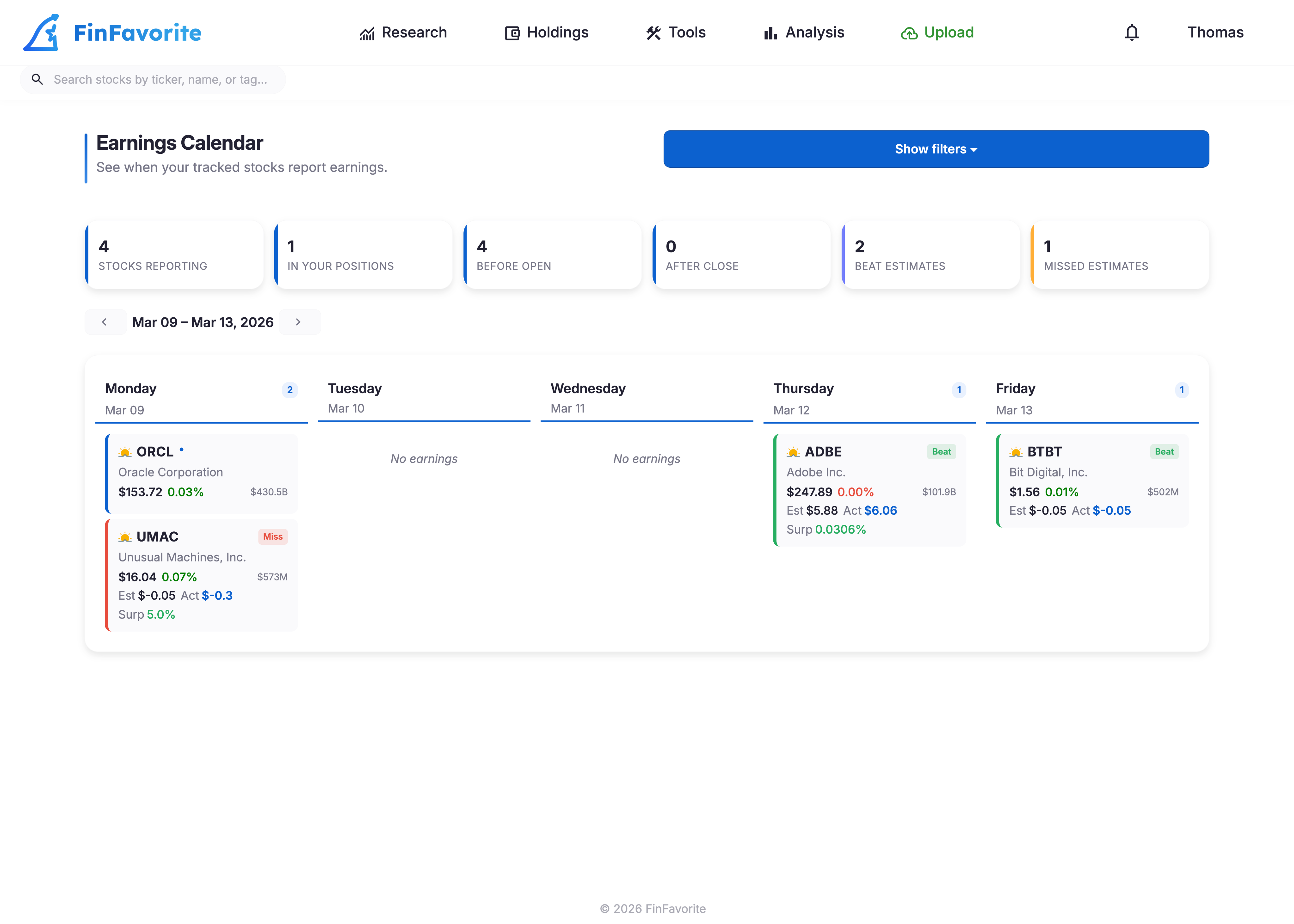Earnings calendar screenshot